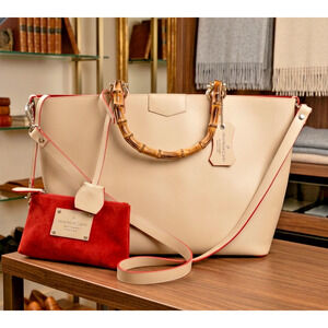 Alberta Di Canio Leather Tote Bag Large Beige Bamboo Handle Italy Detachable
